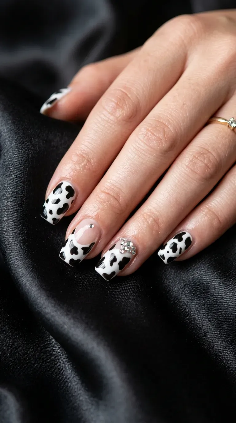 Close-up of manicured hand with cow print nails featuring small rhinestone accents