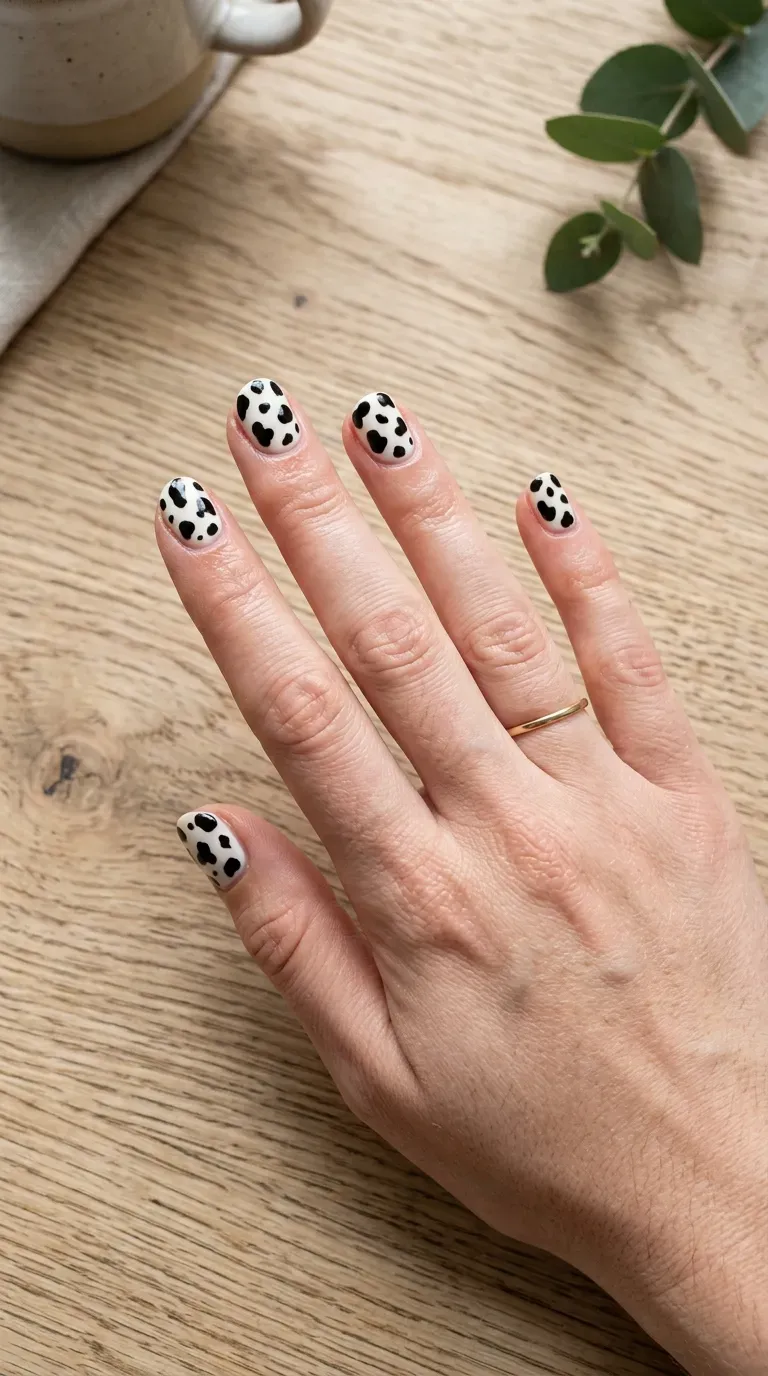 Close-up of manicured hand with cow print pattern on short round nails