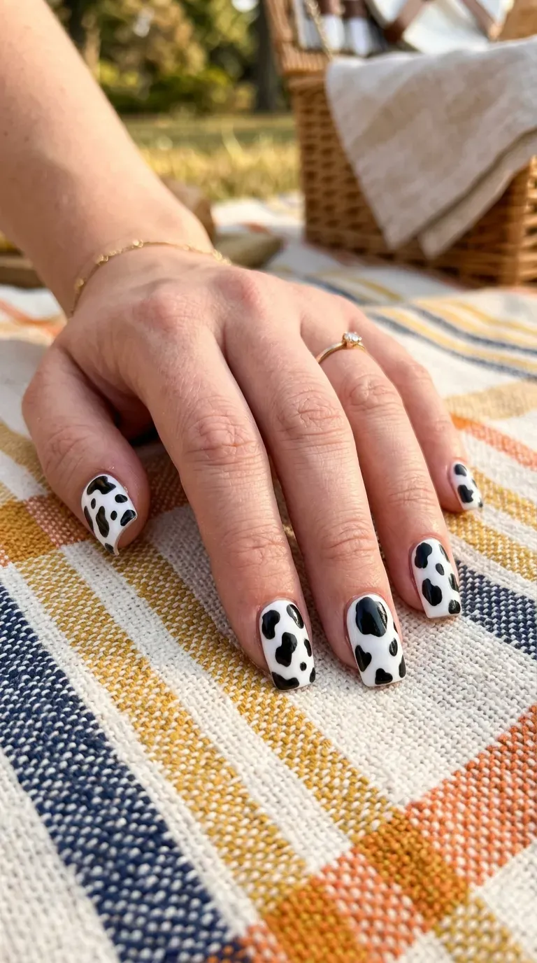 Close-up of manicured hand with cow print pattern on square-shaped nails