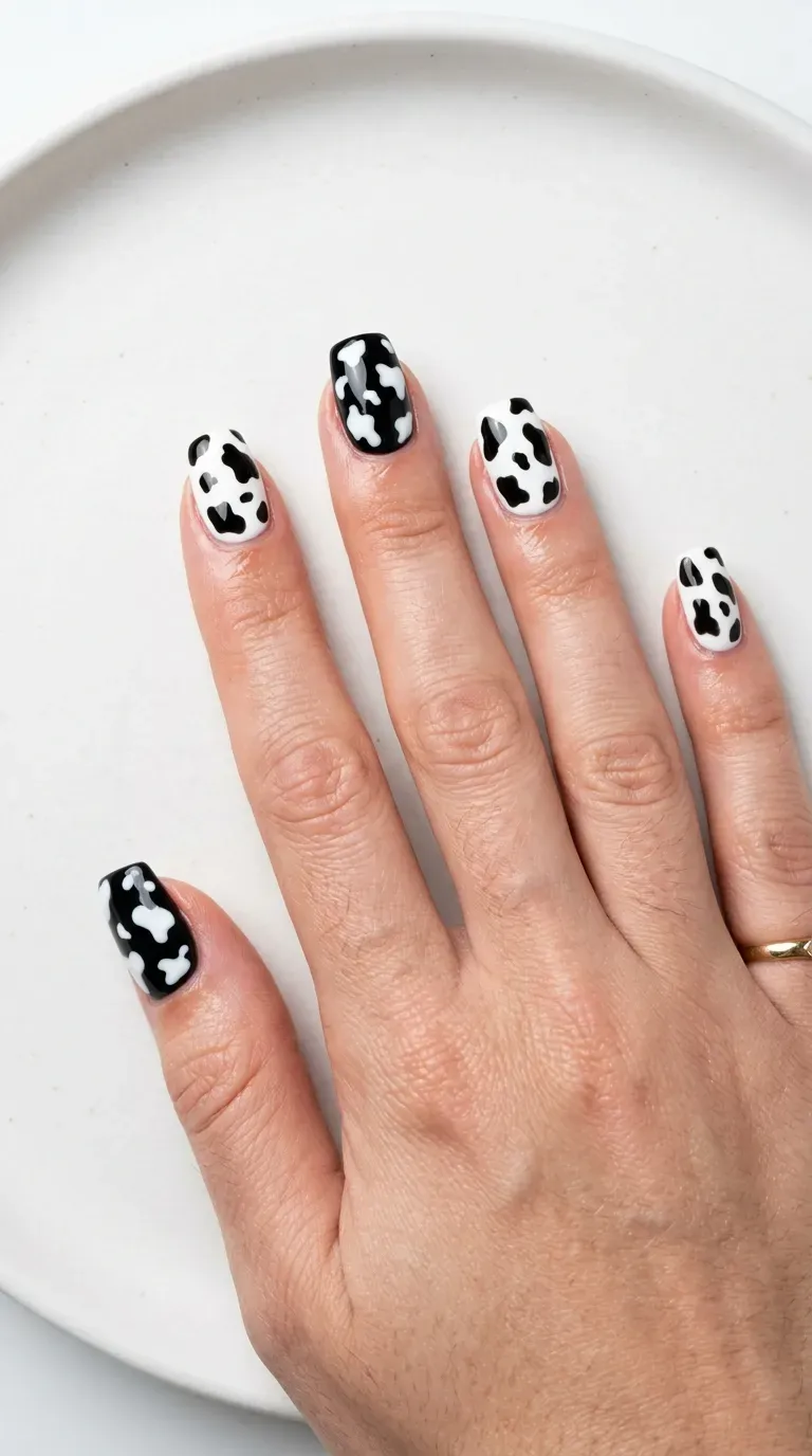 Close-up of manicured hand with cow print nails alternating between two different base colors