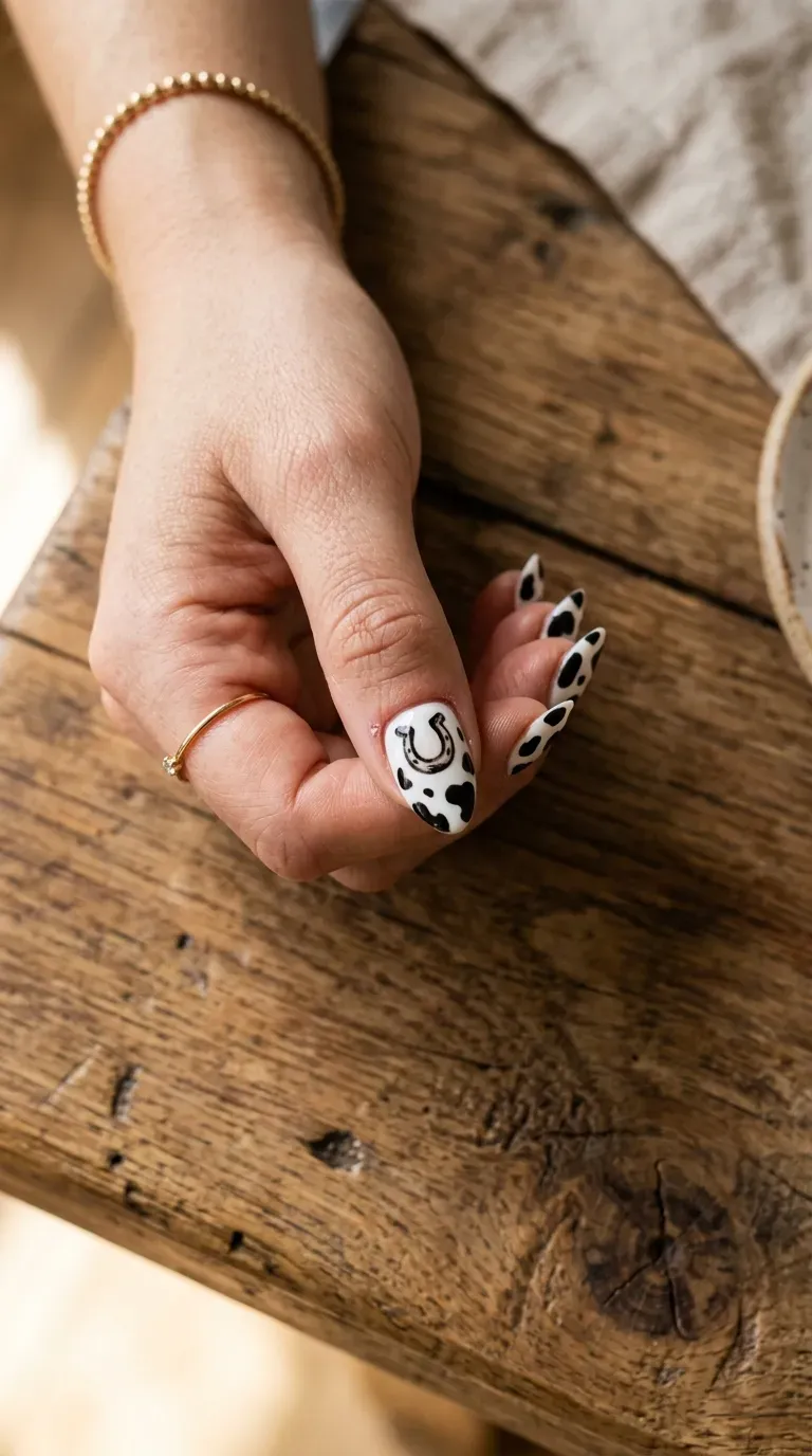 Close-up of manicured hand with cow print nails featuring small western-style accent details