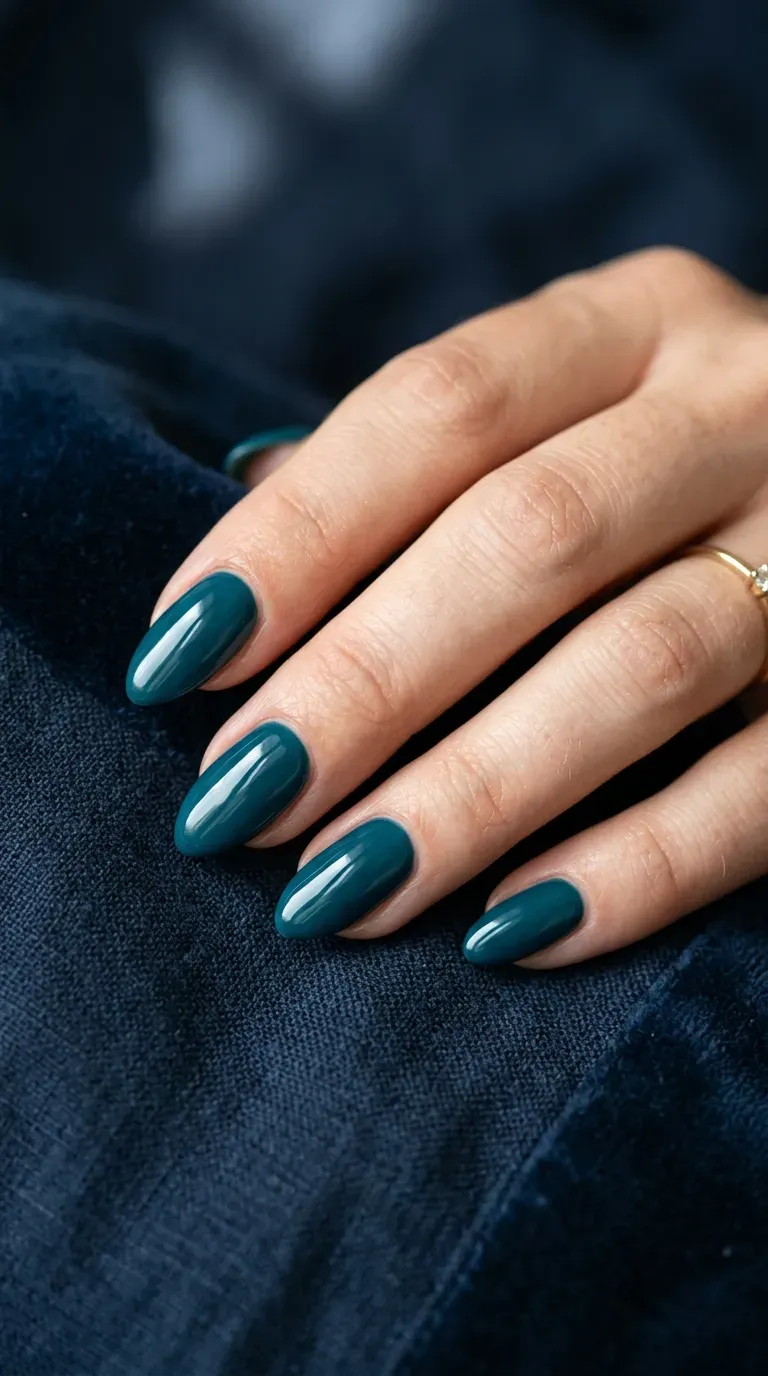 Close-up of manicured hand with deep teal glossy mermaid nail polish