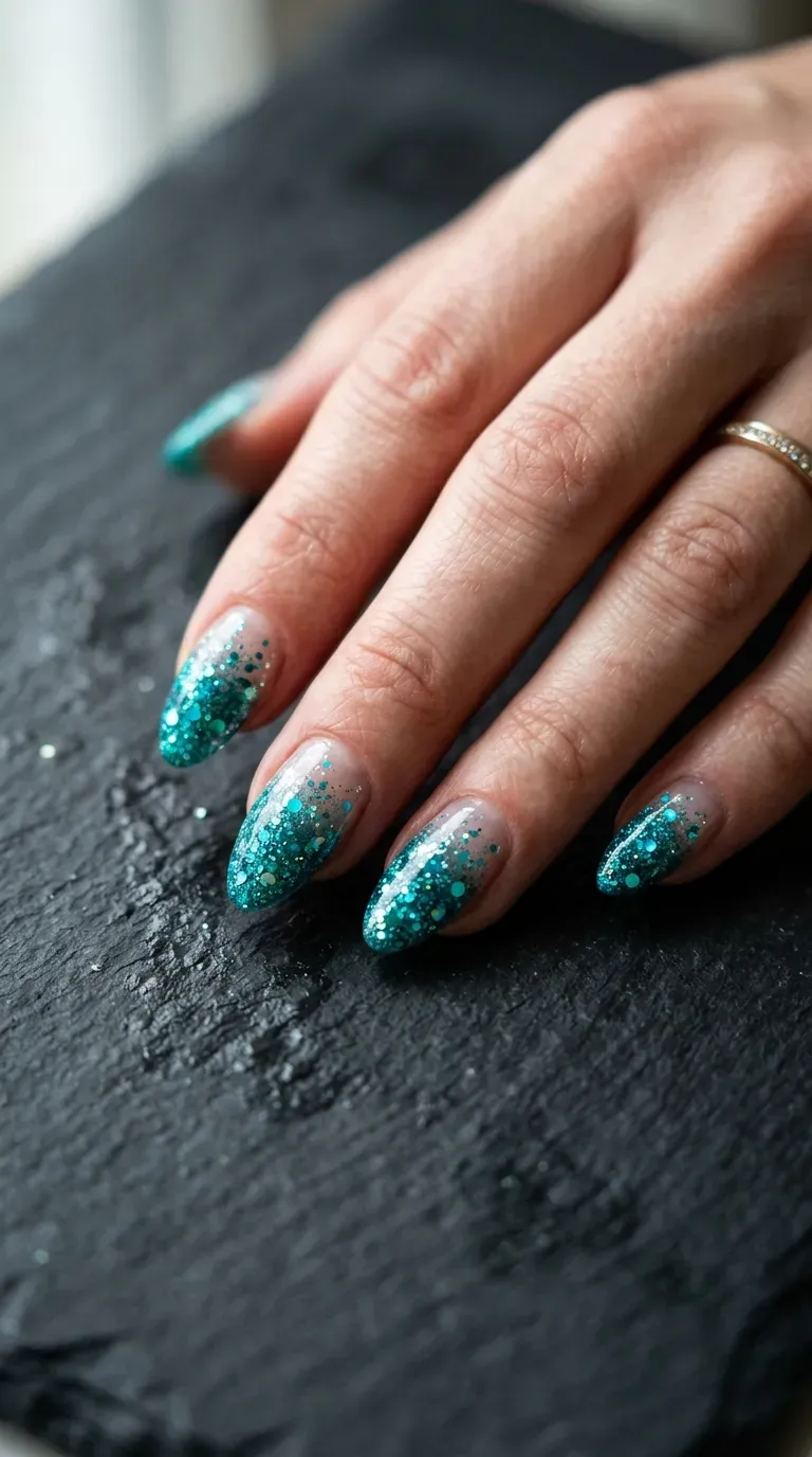 Close-up of manicured hand with glitter ombre mermaid nail design