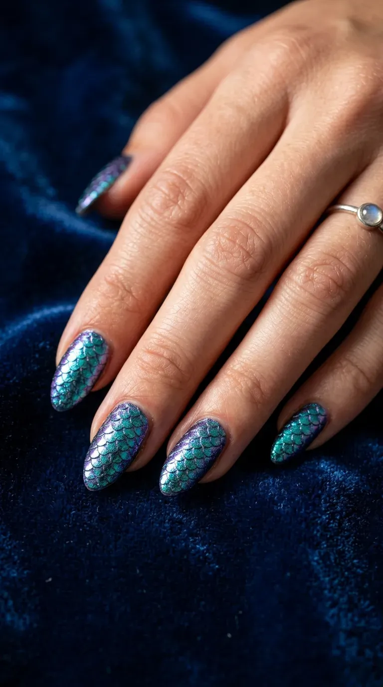 Close-up of manicured hand with iridescent scale-textured mermaid nail design