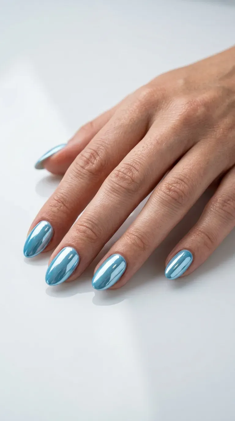 Close-up of manicured hand with light blue chrome finish nails reflecting light