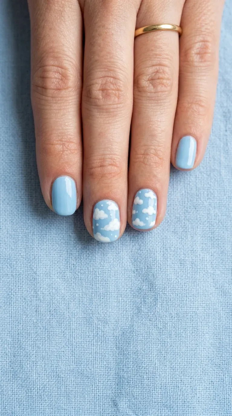 Close-up of manicured hand with light blue nails featuring hand-painted cloud designs