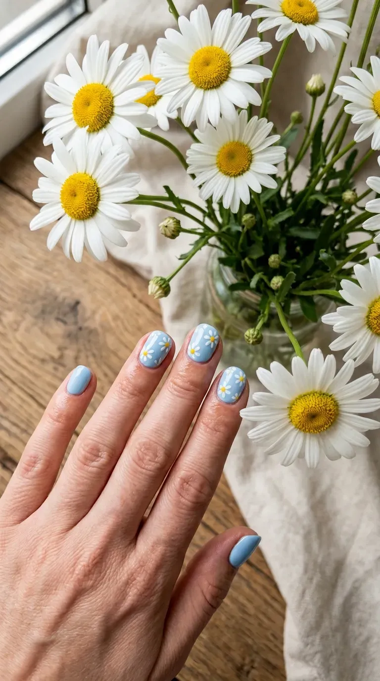 Close-up of manicured hand with light blue nails featuring small hand-painted daisy accents