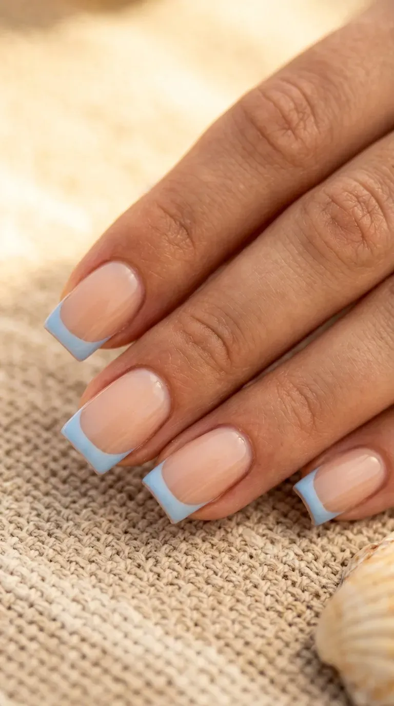 Close-up of manicured hand with light blue french tip nail design on square nails
