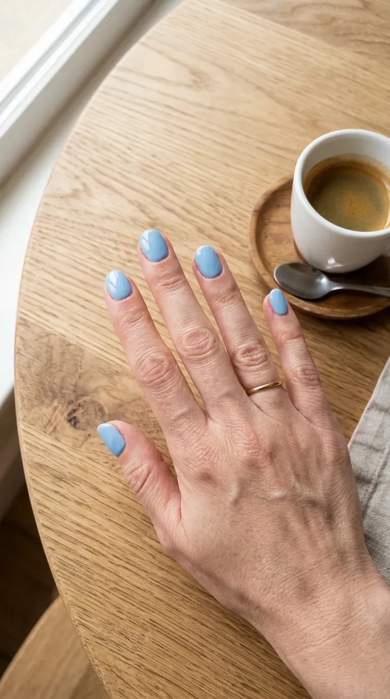 Close-up of manicured hand with light blue glossy polish on rounded short nails