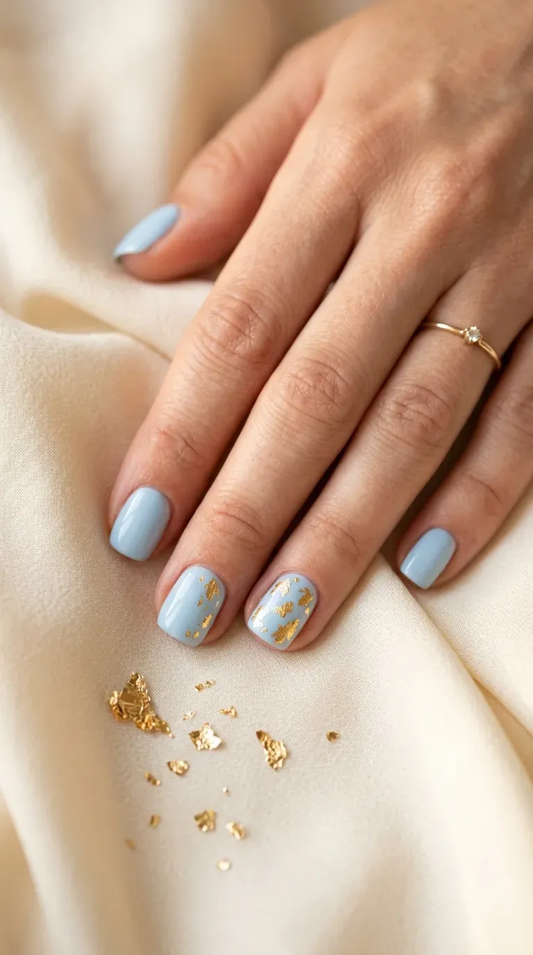 Close-up of manicured hand with light blue nails featuring delicate gold foil accents