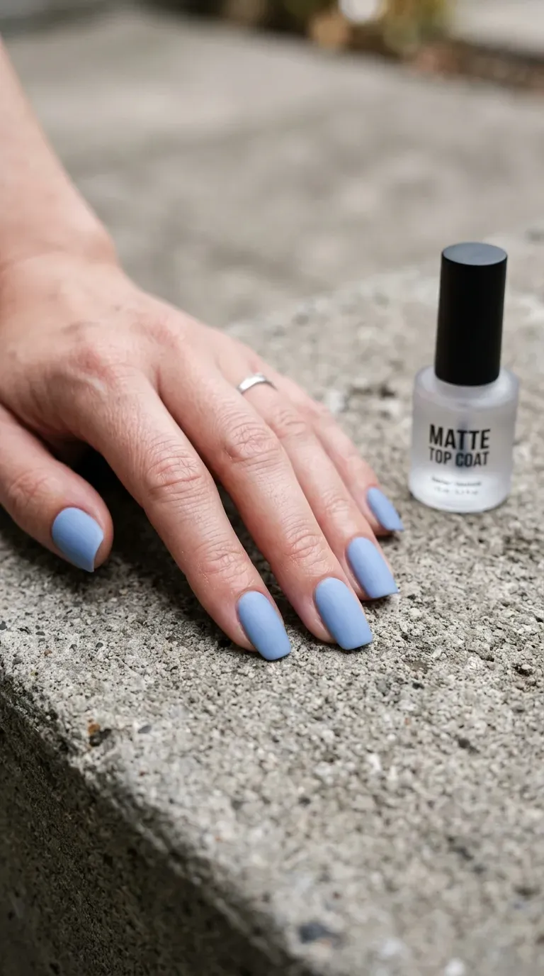 Close-up of manicured hand with light blue matte finish nails