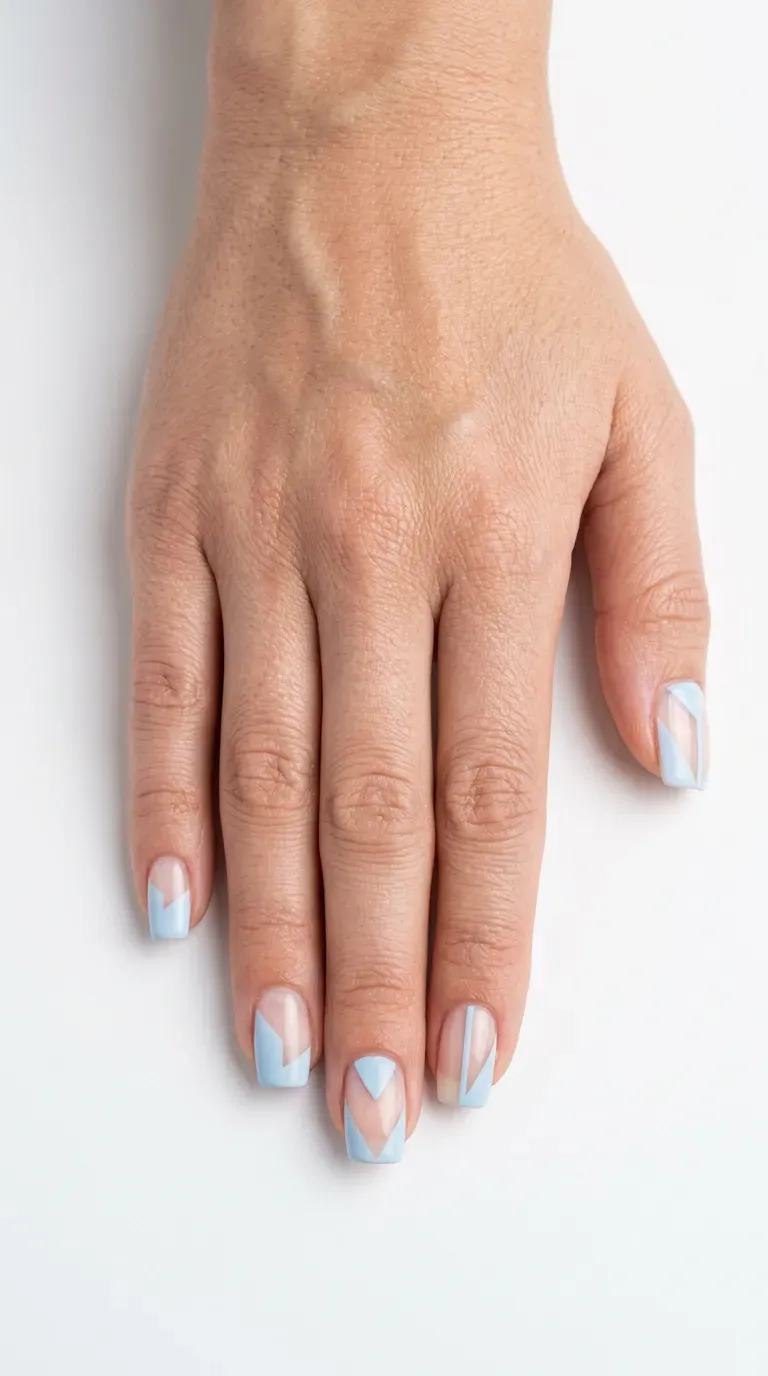 Close-up of manicured hand with light blue negative space nail design