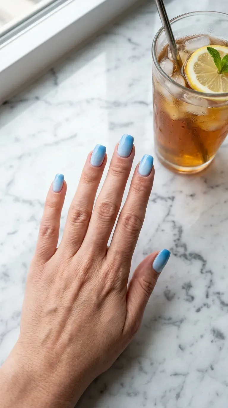 Close-up of manicured hand with light blue ombre nail design fading from pale to deeper blue