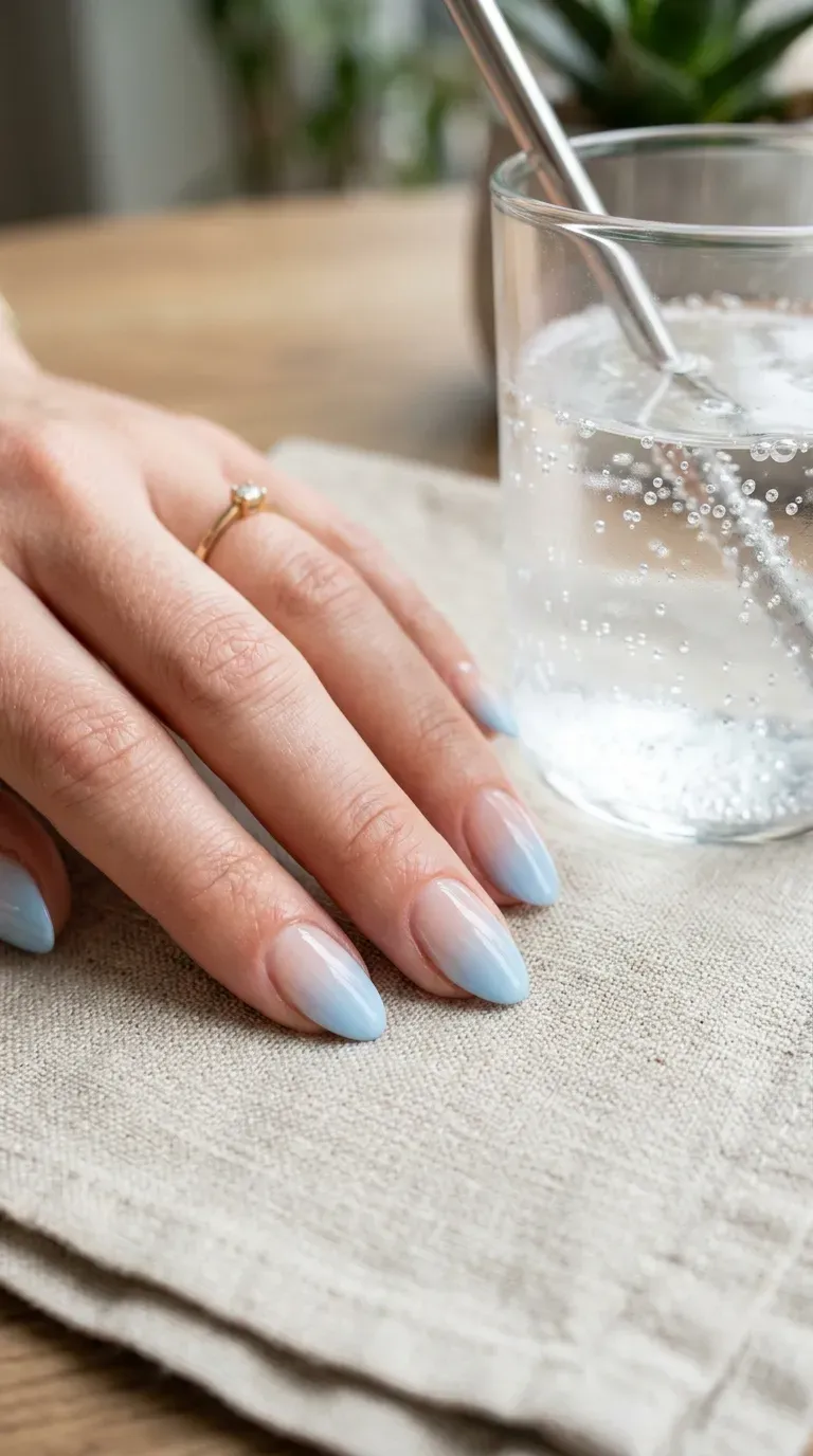 Close-up of manicured hand with light blue ombre tips fading into a clear or nude base