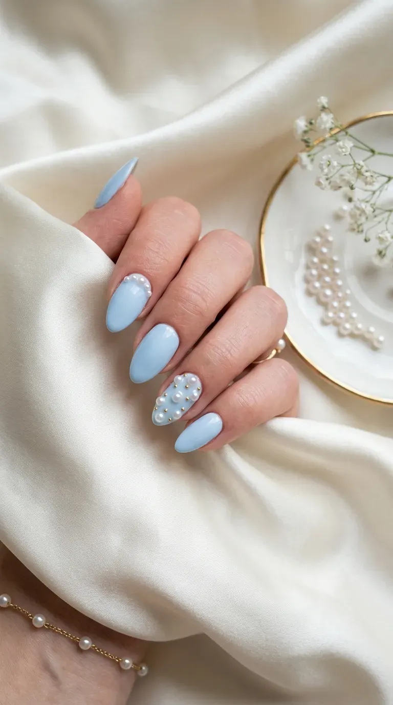 Close-up of manicured hand with light blue nails featuring small pearl accents