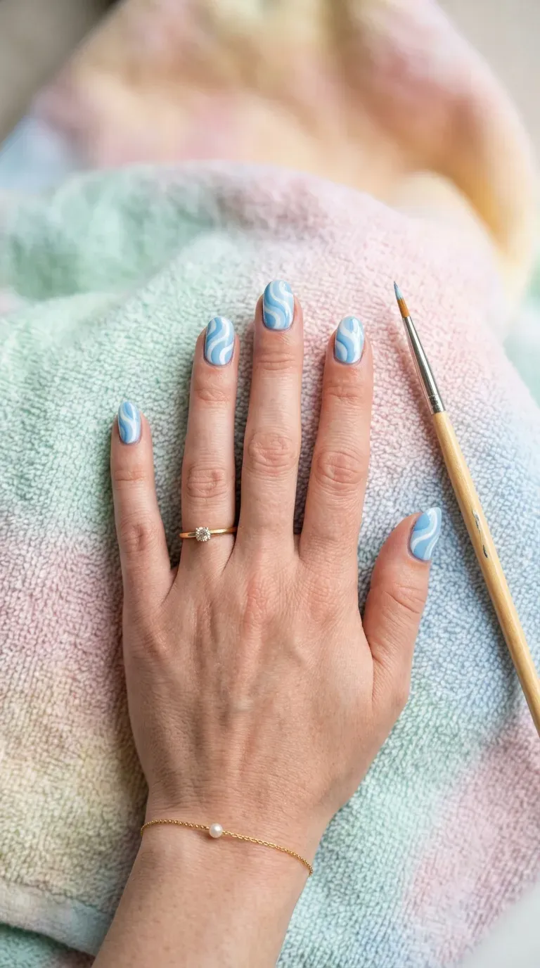 Close-up of manicured hand with light blue swirl pattern nail design