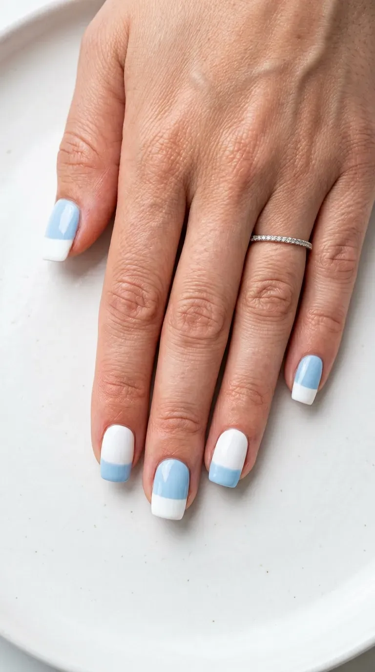 Close-up of manicured hand with light blue and white two-tone color block nail design