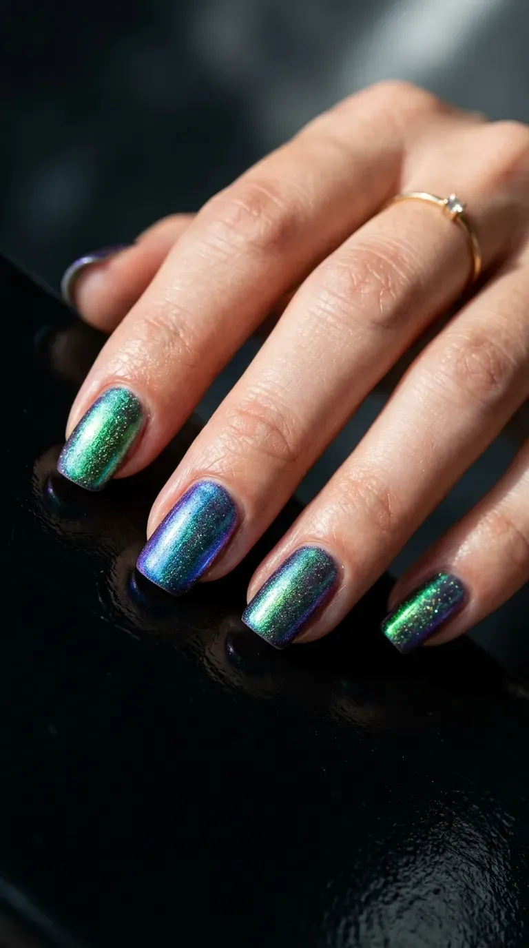 Close-up of manicured hand with aurora shimmer finish mermaid nails