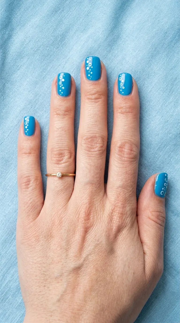 Close-up of manicured hand with mermaid-themed nails featuring small painted bubble details