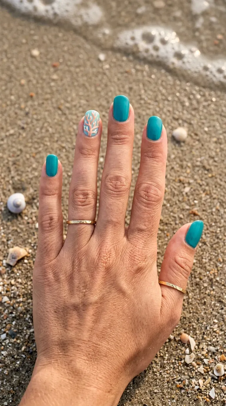 Close-up of manicured hand with mermaid-themed nails featuring hand-painted coral accents