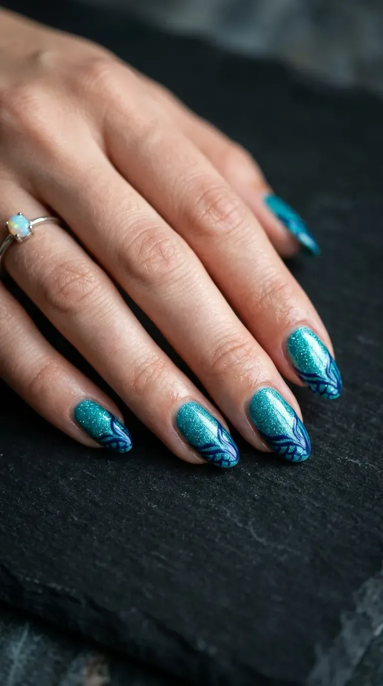 Close-up of manicured hand with mermaid-themed nails featuring fin-shaped tip detailing