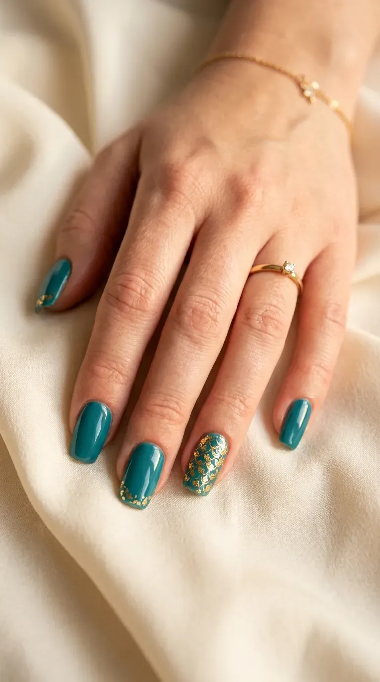 Close-up of manicured hand with mermaid-themed nails featuring gold foil scale accents