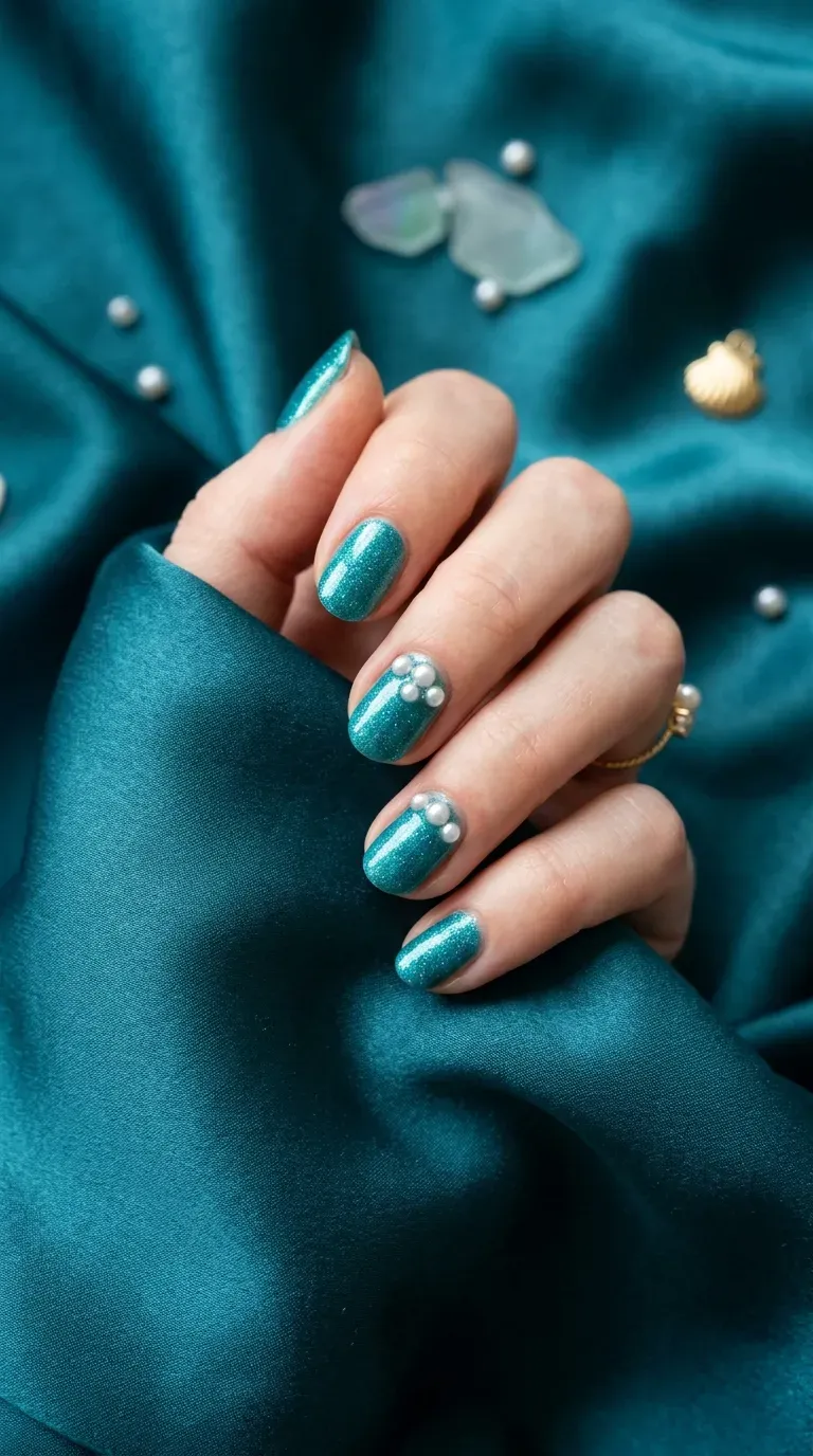 Close-up of manicured hand with mermaid-themed nails featuring small pearl accents