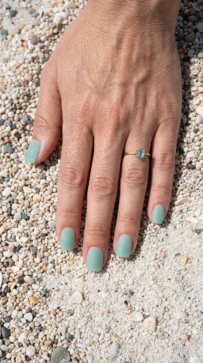 Close-up of manicured hand with mermaid-themed nails featuring a frosted sea glass effect