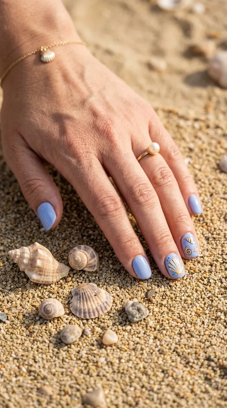 Close-up of manicured hand with mermaid-themed nails featuring small hand-painted seashell details