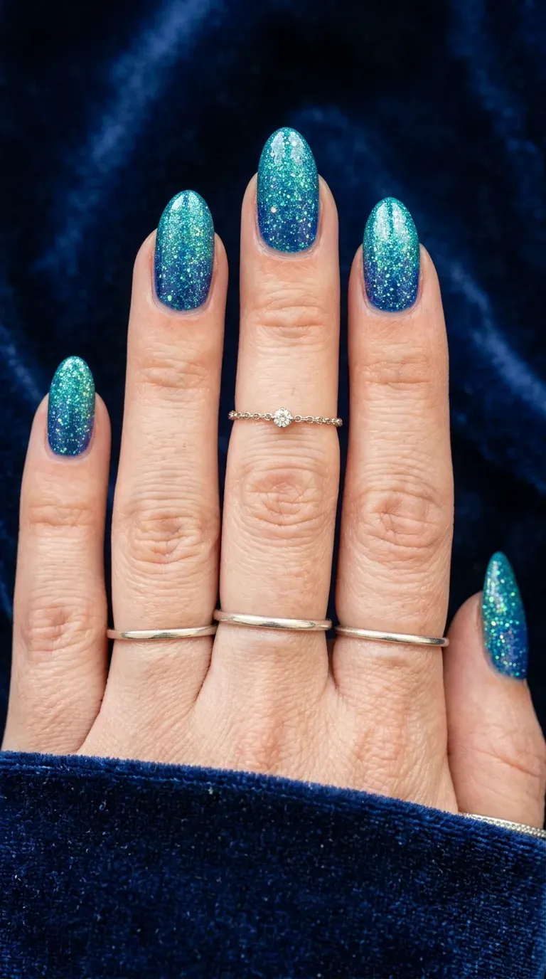Close-up of manicured hand with mermaid-themed nails featuring a sparkling blue-to-green gradient
