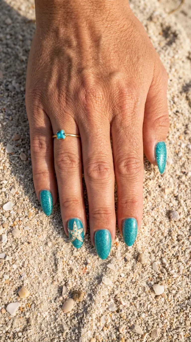 Close-up of manicured hand with mermaid-themed nails featuring small starfish accents