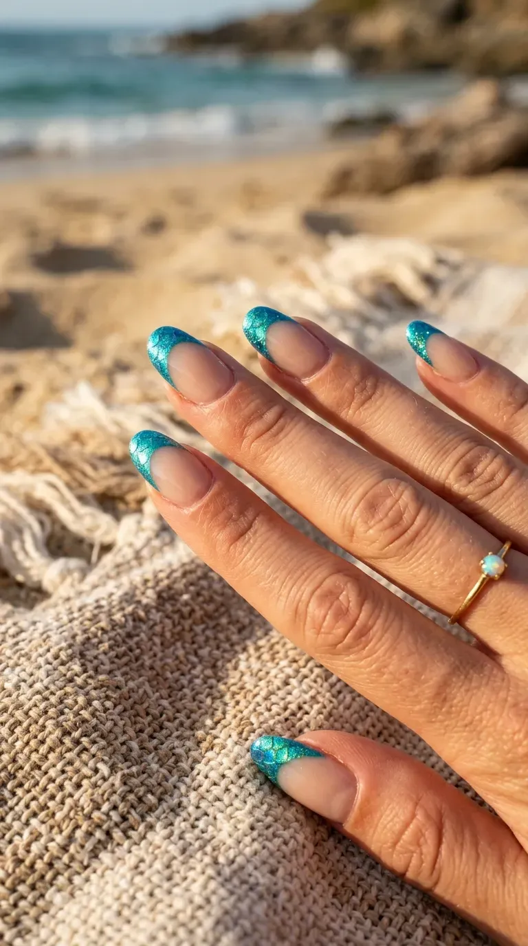 Close-up of manicured hand with French tip nails featuring scale-textured tips