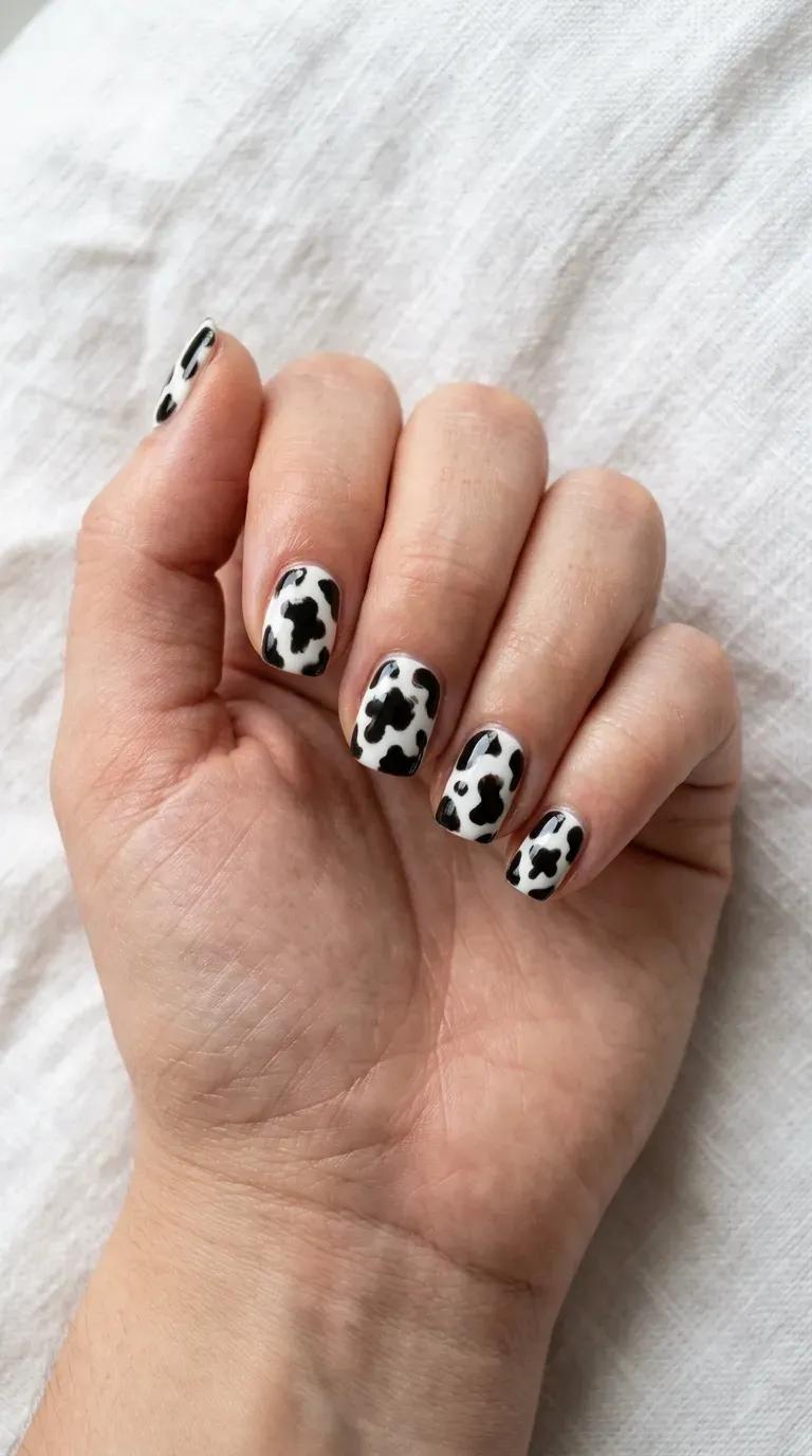 Close-up of manicured hand with mini-scale cow print featuring smaller, tighter spots