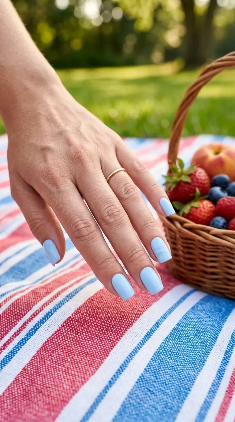 Close-up of manicured hand with pastel blue polish on square-shaped nails