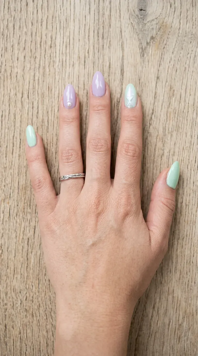 Close-up of manicured hand with soft pastel mermaid-inspired nail colors