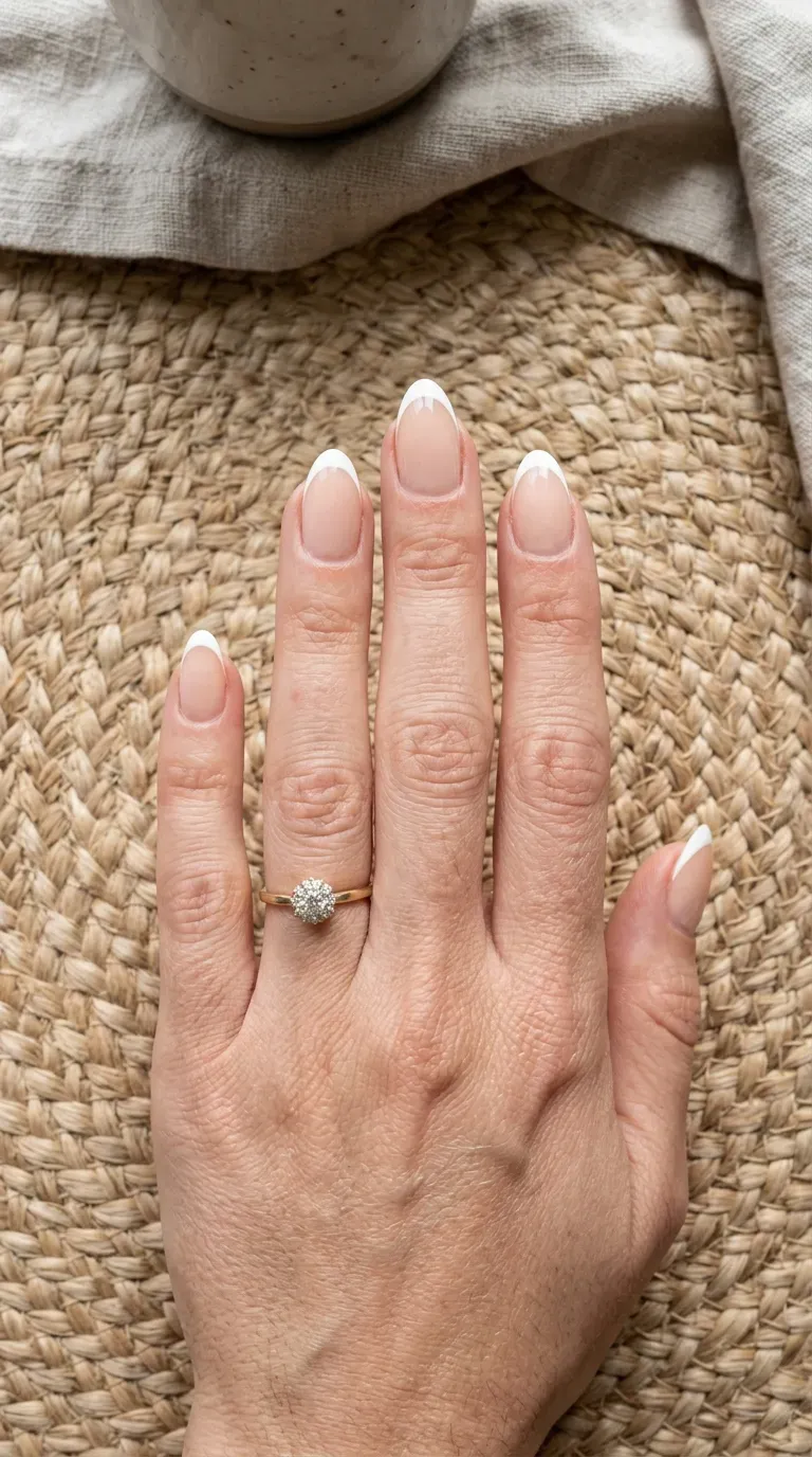 Close-up of manicured hand with classic French tip design on short almond-shaped nails