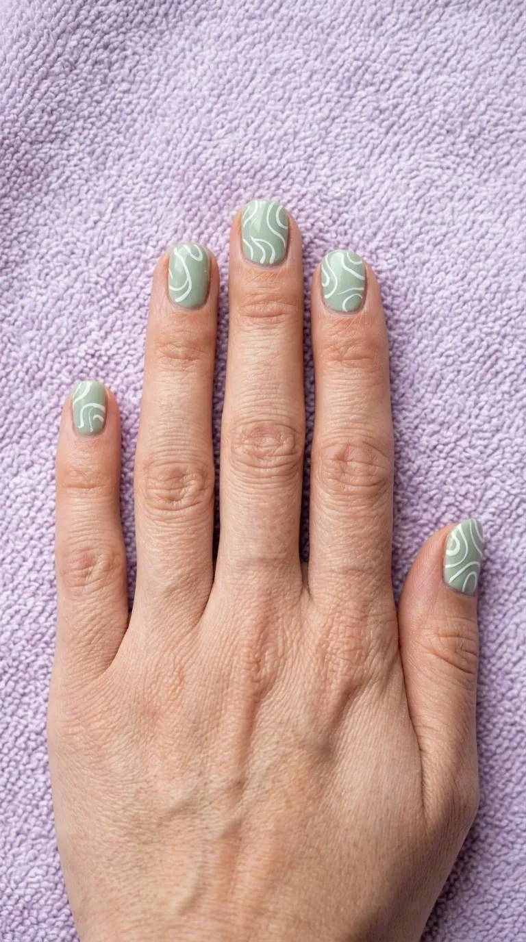 Close-up of manicured hand with short nails featuring abstract swirl line designs