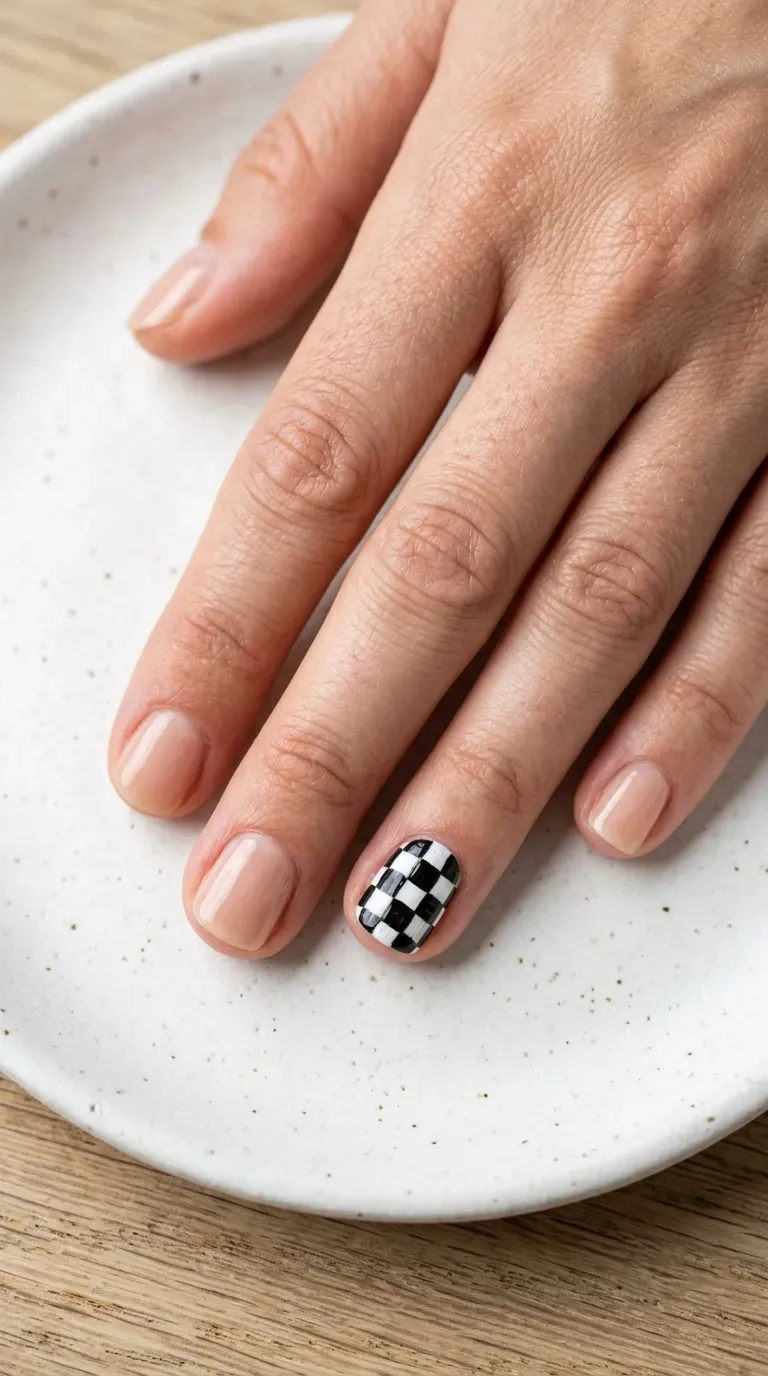 Close-up of manicured hand with short nails featuring a checkerboard pattern design