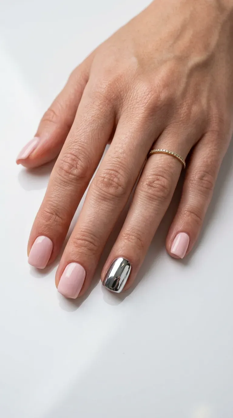 Close-up of manicured hand with short nails featuring one chrome finish accent nail