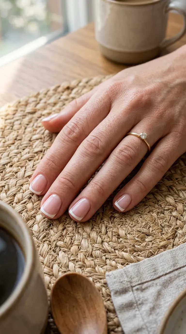 Close-up of manicured hand with a classic white-tip French manicure on short nails
