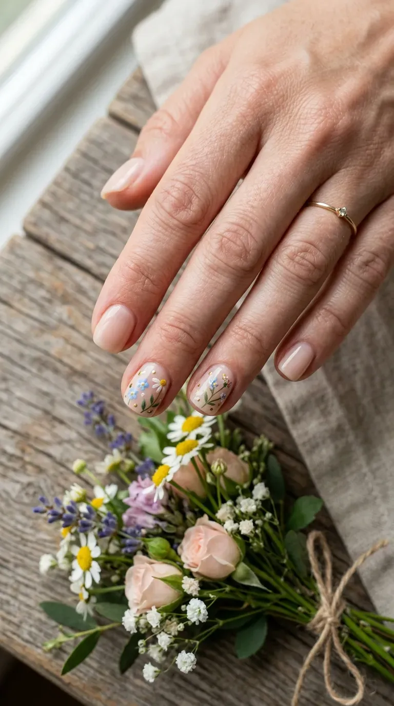 Close-up of manicured hand with short nails featuring small hand-painted floral accents