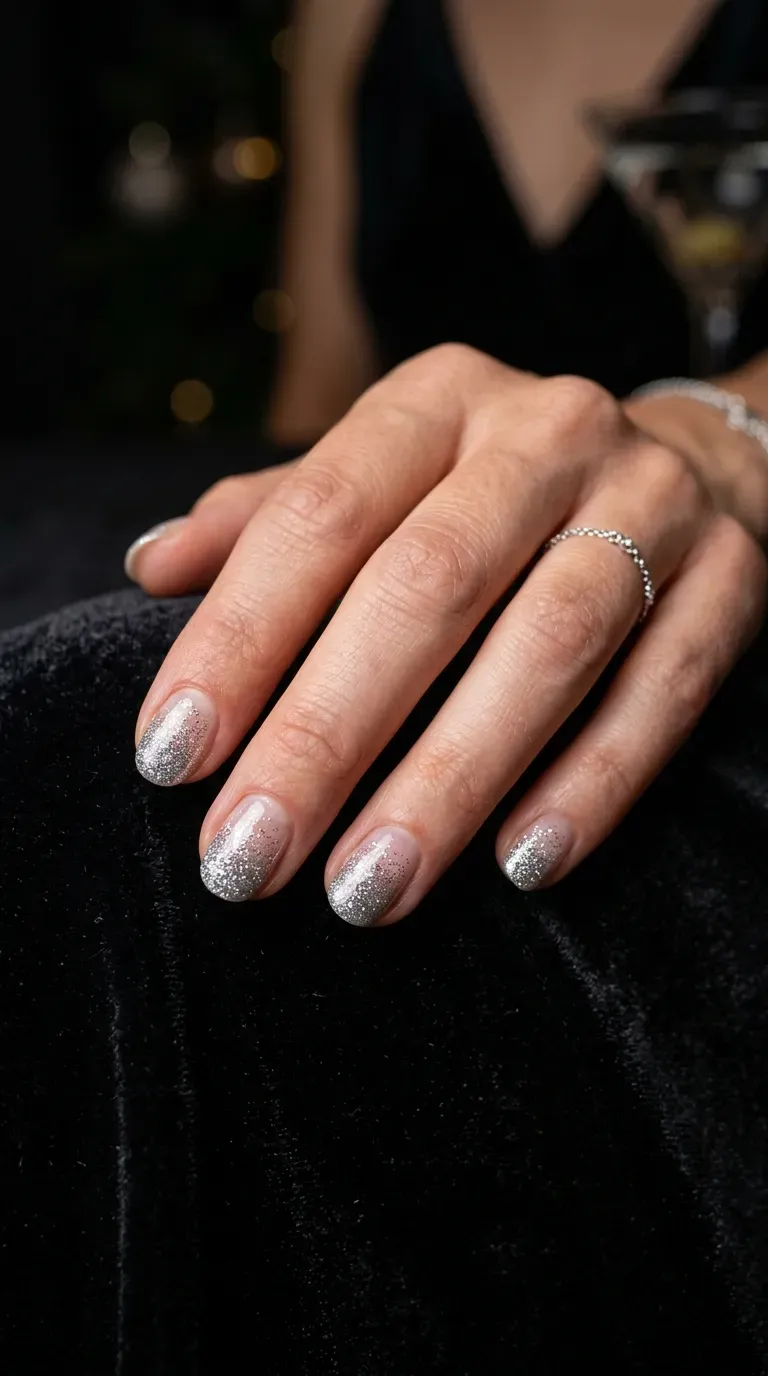 Close-up of manicured hand with short nails featuring a fine glitter ombre design