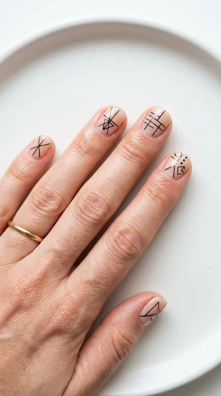 Close-up of manicured hand with short nails featuring simple geometric line designs