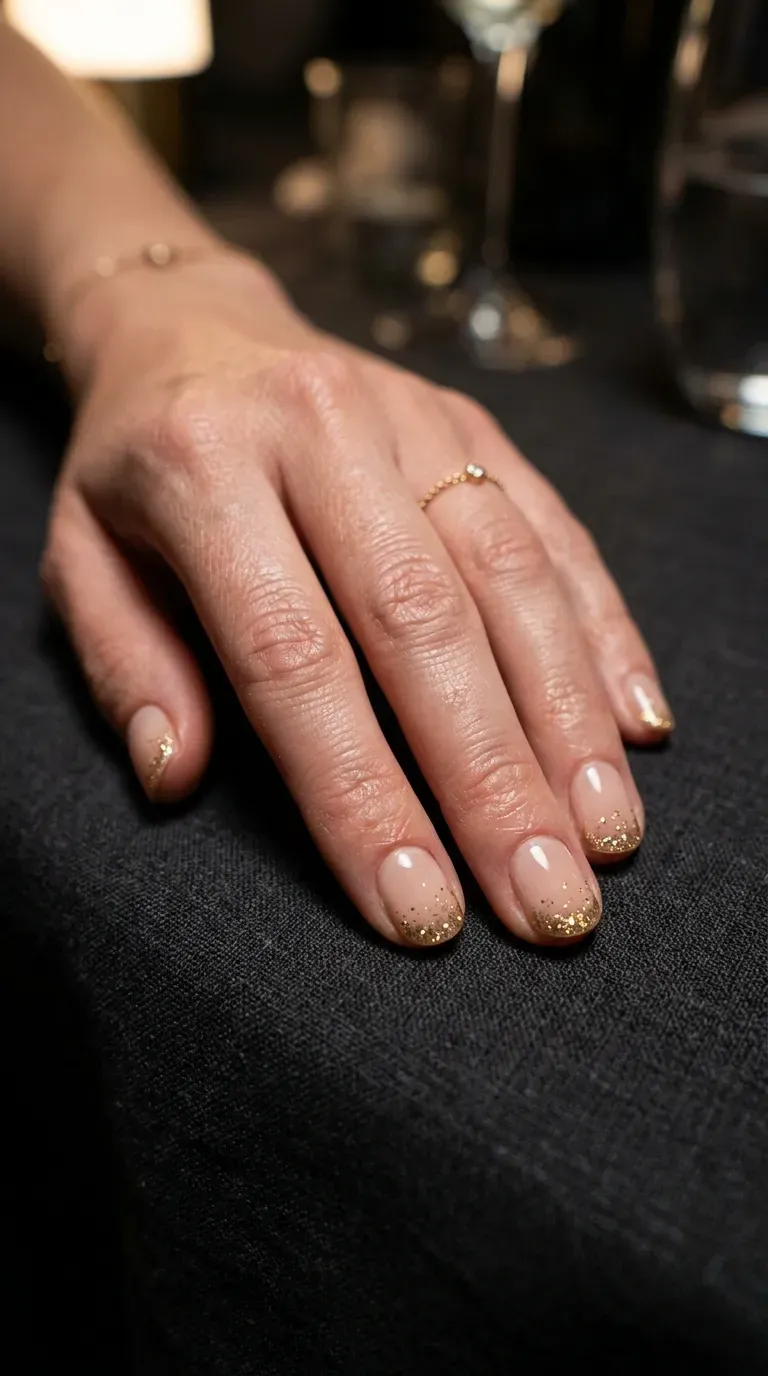 Close-up of manicured hand with short nails featuring fine glitter tips