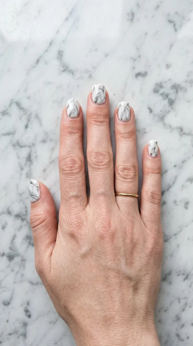 Close-up of manicured hand with short nails featuring a marble-effect design