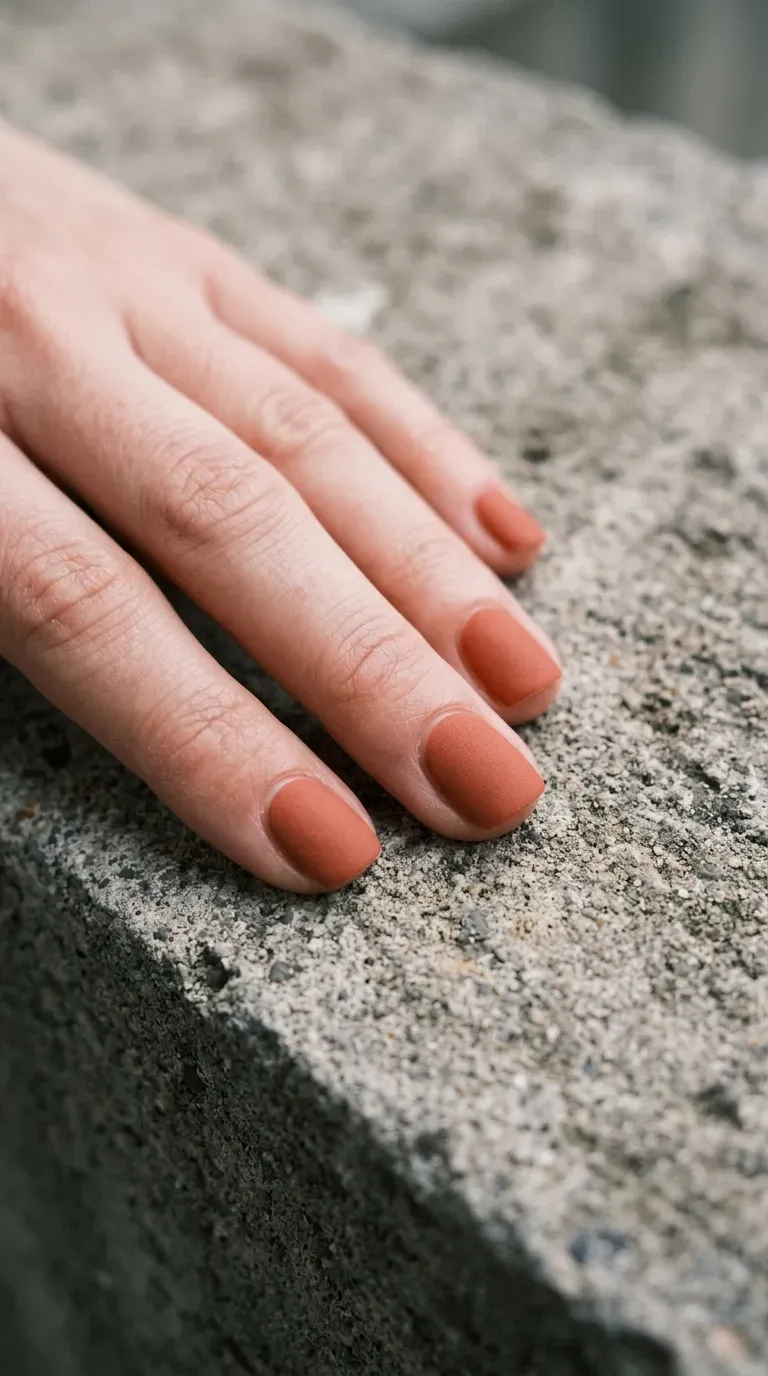 Close-up of manicured hand with short nails featuring a matte polish finish