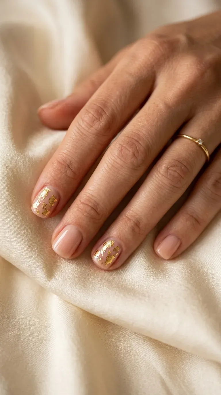 Close-up of manicured hand with short nails featuring delicate metallic foil accents
