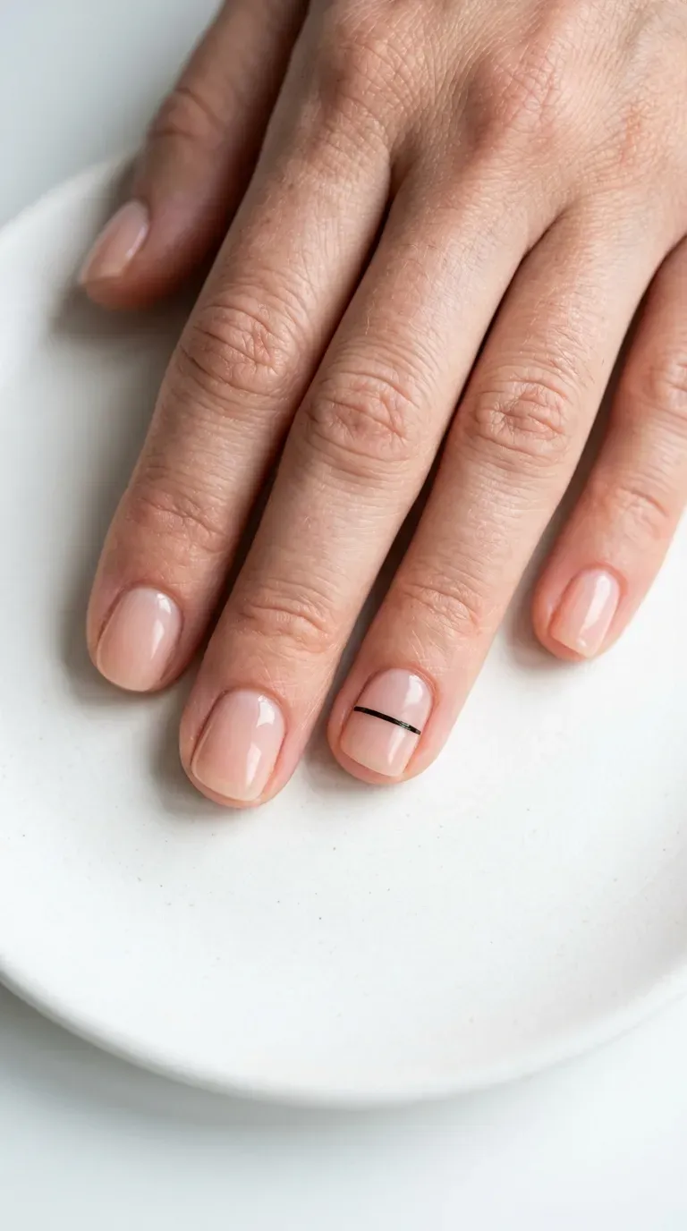 Close-up of manicured hand with short nails featuring a single thin minimalist line design