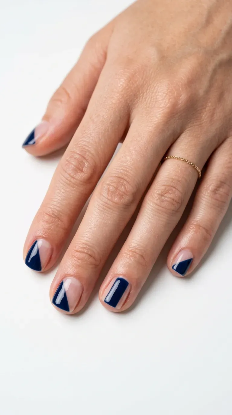 Close-up of manicured hand with short nails featuring a negative space design