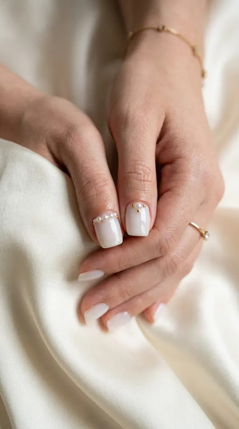 Close-up of manicured hand with short nails featuring small pearl details